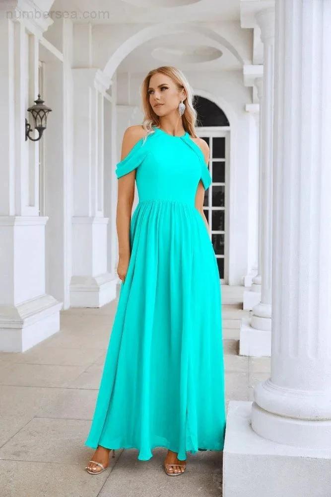 Ladies Chiffon Off Shoulder Swing Sleeve Front Slit Bridesmaid Evening Dress Wedding Party Evening Dress 28117 by numbersea