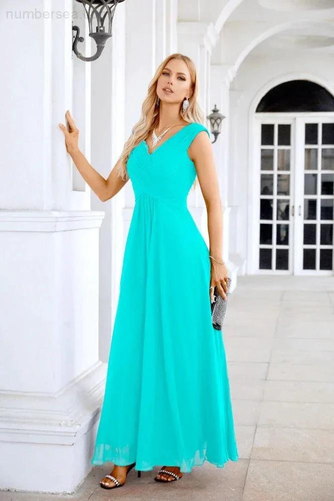 Ladies Chiffon V Neck Sleeveless Floor Length Bridesmaid Evening Dress Wedding Party Evening Dress 28126 by numbersea
