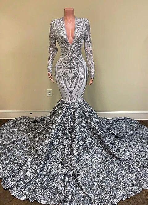 Long Sleeves V-Neck Sequins Lace Mermaid Prom Dress with Flowers Bottom by BIZTUNNEL