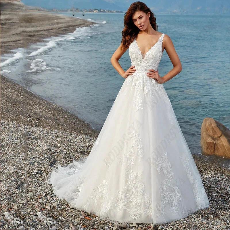 Elegant A-line Wedding Dress For Women Dreamy V-Neck Backless Bride Party Vintage Tulle Vestido De Noiva Minimalistas by payinti