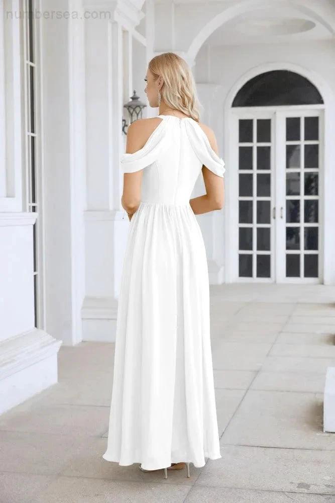 Ladies Chiffon Off Shoulder Swing Sleeve Front Slit Bridesmaid Evening Dress Wedding Party Evening Dress 28117 by numbersea
