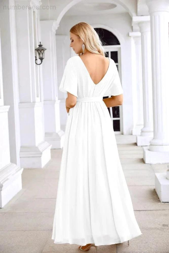 Ladies Chiffon Sleeve Crew Neck Front Slit Floor Length Bridesmaid Evening Dress Wedding Party Evening Dress 28124 by numbersea