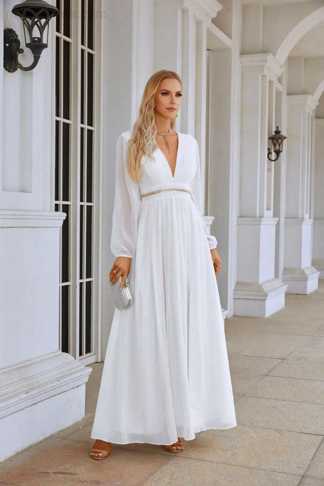Ladies V Neck Chiffon Long Sleeve Front Slit Bridesmaid Evening Dress Wedding Party Shopping Evening Dress 28109 by numbersea