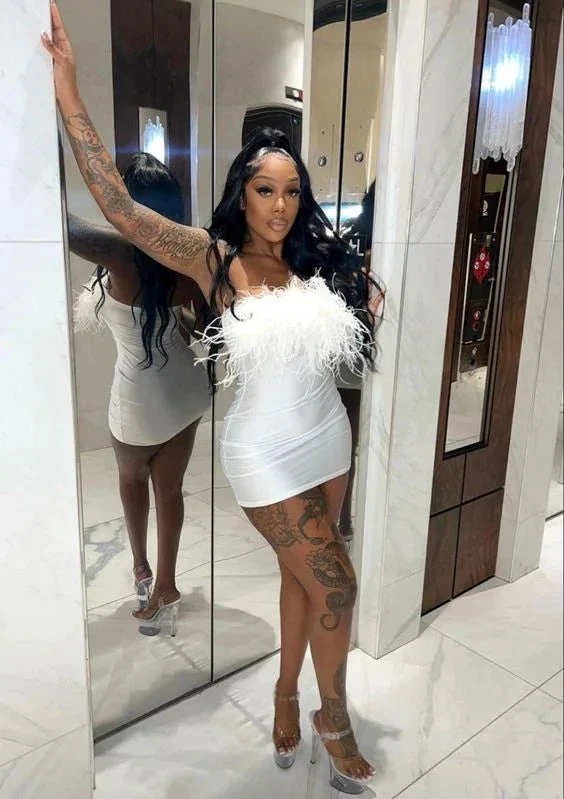 Sexy Strapless Satin Feathers Short White Homecoming Dress Cocktail Dress Y7845 by simplepromdress