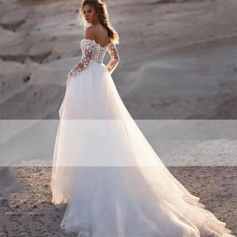 Elegant A-Line Wedding Dress 2023 Women Lace Open Back Strapless Long Detachable Sleeve Bridal Gown Sweep Train Vestido De Noiva by payinti