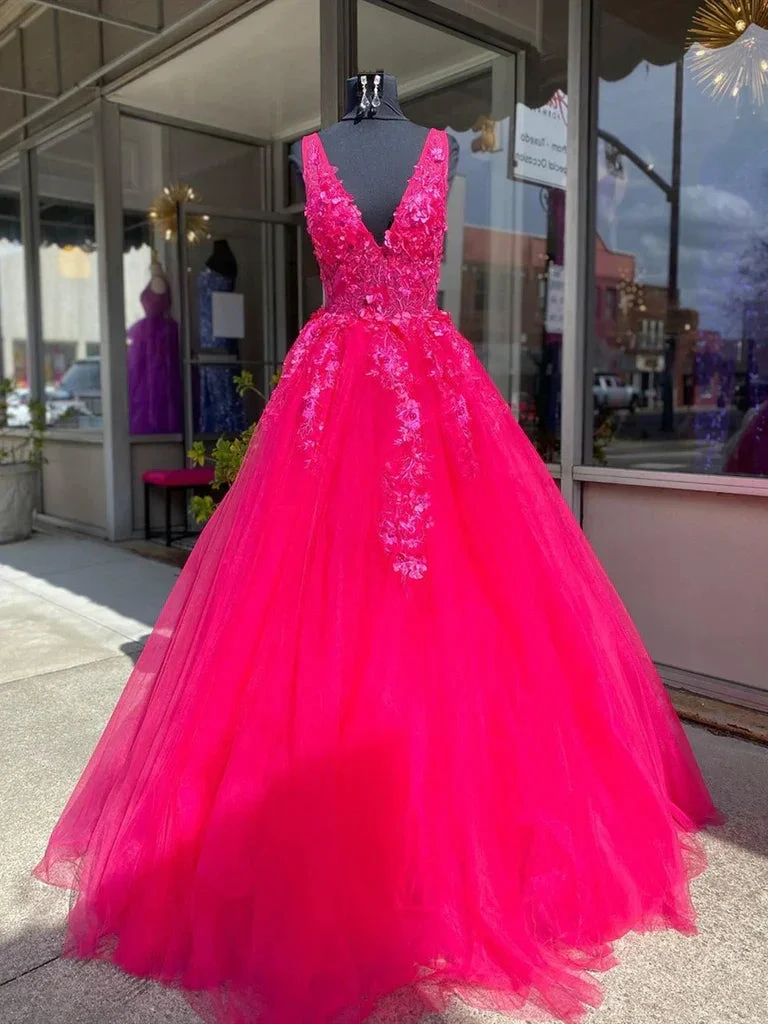 V Neck Pink Lace Prom Dresses, Pink V Neck Long Lace Formal Evening Dresses Y227 by simplepromdress
