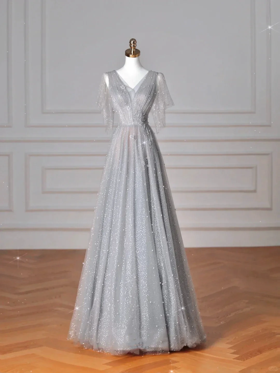 Sparkly Gray Tulle Sequins A Line Prom Dress Sexy V Neck Evening Dress Y8638 by simplepromdress