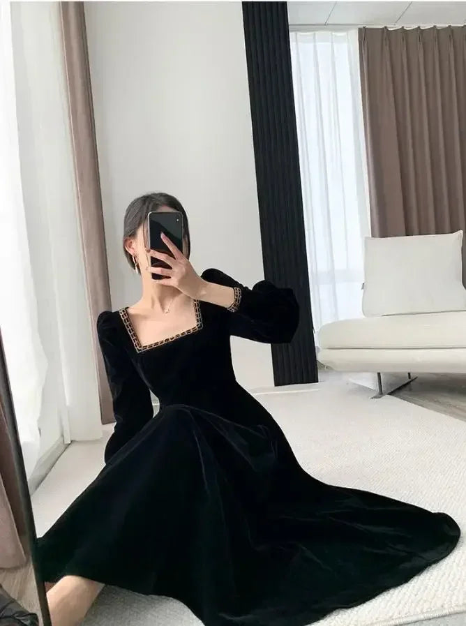 Velvet Dress Women Long Sleeve Square Neck Elegant Bodycon Patchwork Fashion Evening Dress Y6744 by simplepromdress