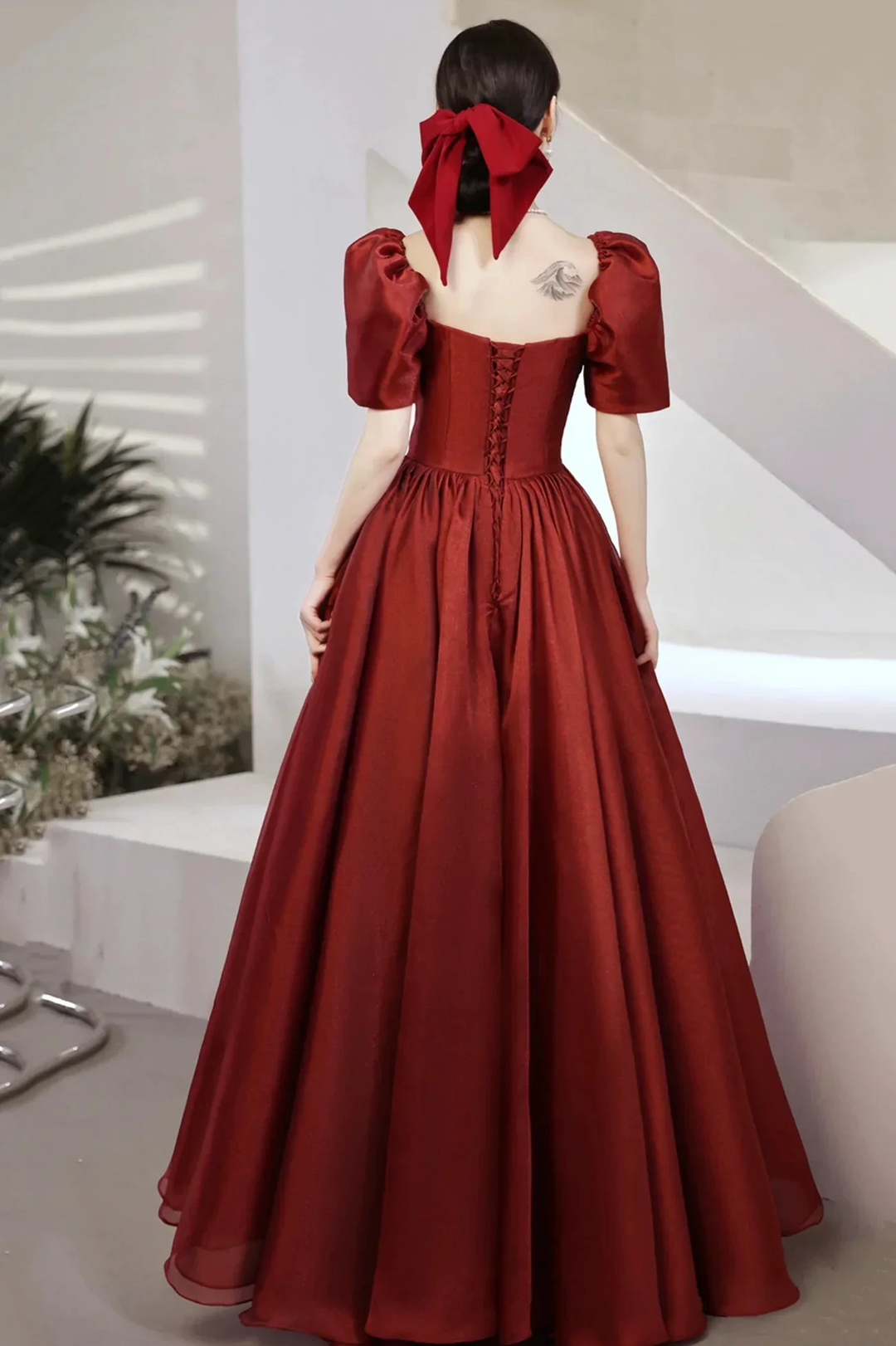 Burgundy Satin Long Prom Dresses A-Line Short Sleeve Evening Dresses Y1170 by simplepromdress