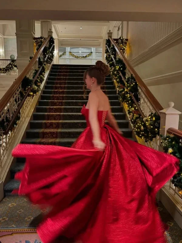 Pretty Red Satin A Line Party Prom Dress,Strapless Ball Gown Y8086 by simplepromdress