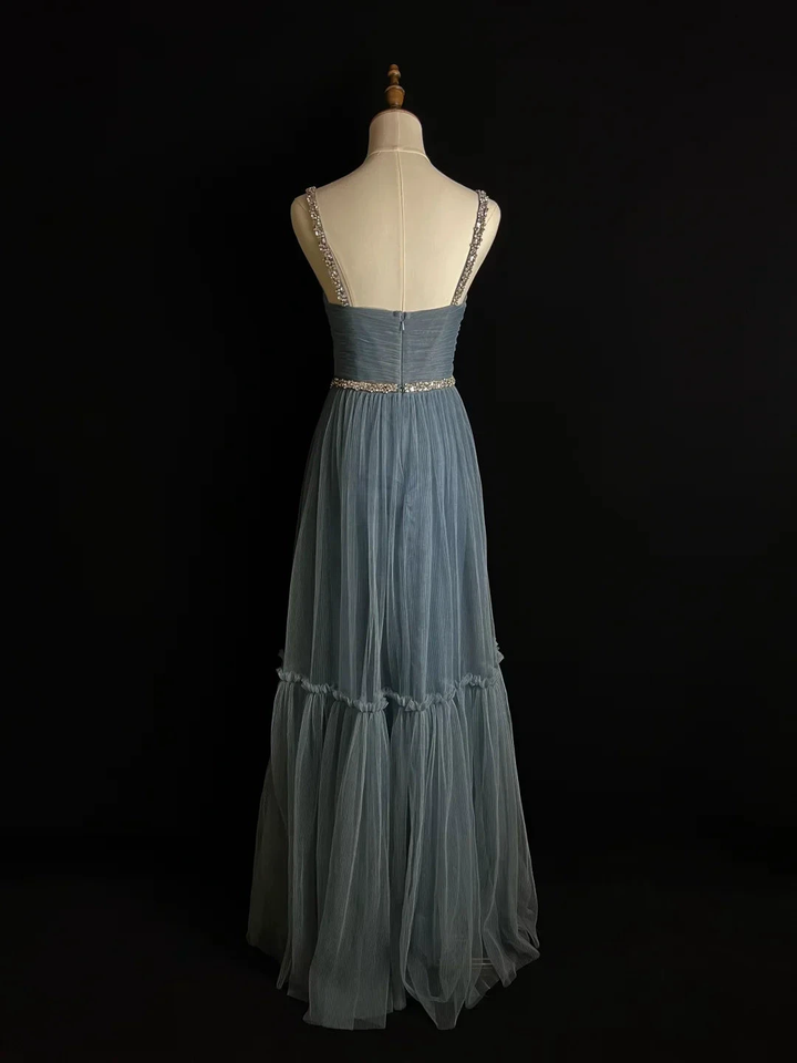 Simple Blue Tulle Beaded A Line Evening Dress Spaghetti Straps V Neck Prom Dress Y8649 by simplepromdress
