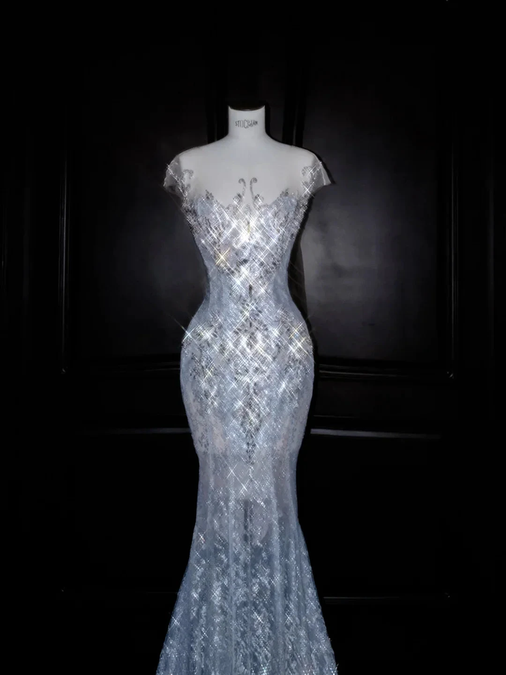Beautiful Mermaid Sequin Beaded Evening Dress Blue Tulle Prom Dress Y8690 by simplepromdress