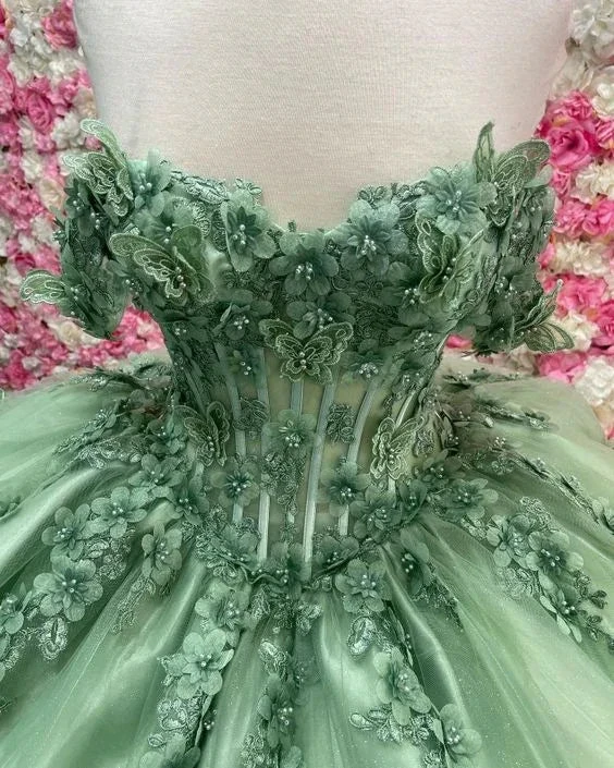 Sweetheart Sage Green Quinceanera Dresses Butterfly Applique Ball Gown Tulle Sweet 16 Dress A-line Lace Up Luxury Prom Dress Y4341 by simplepromdress
