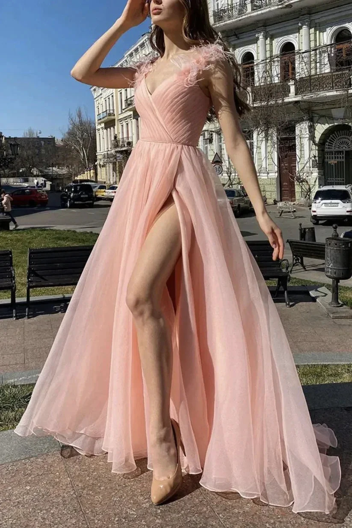 Elegant V Neck Pink Tulle Long Prom Dresses with High Slit, Pink Tulle Formal Graduation Evening Dresses Y1296 by simplepromdress