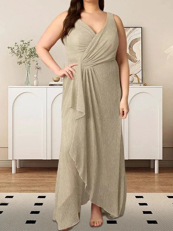 A-Line V-Neck Ruched Metallic Mesh Dress by Dreamylily