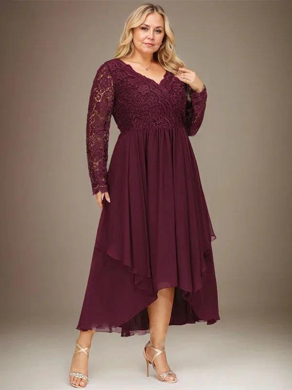 A-line V-Neck Asymmetrical Lace Chiffon Mother of the Bride Dress by Dreamylily