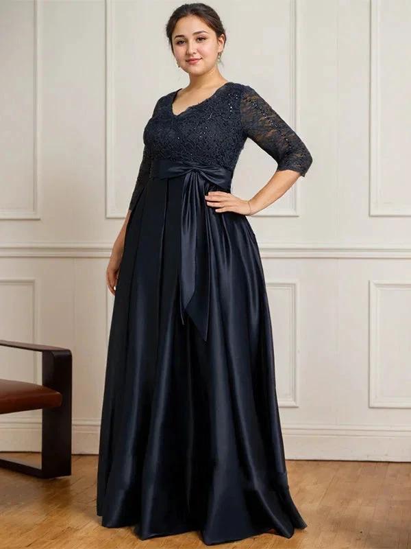 A-line V-Neck Floor-Length Satin Lace Mother of the Bride Dress With Sequins Bow by Dreamylily
