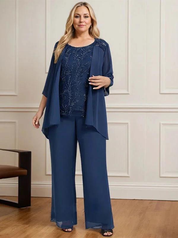 Separates Jumpsuit/Pantsuit Scoop Floor-Length Lace Chiffon Mother of the Bride Dress With Sequins by Dreamylily