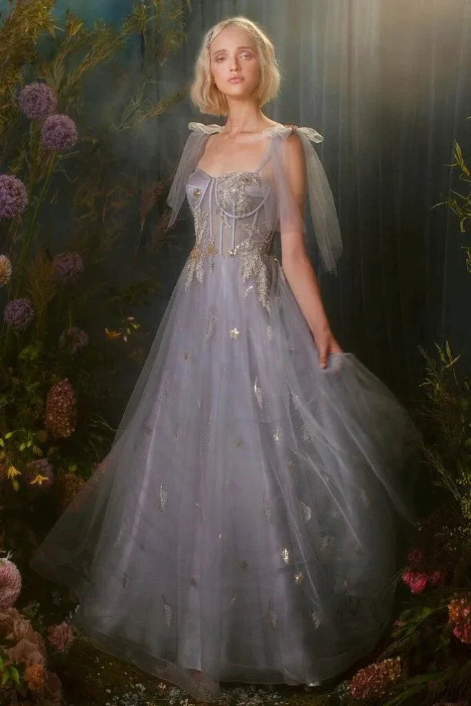 Gray Blue Tulle Appliques A Line Evening Dress Prom Dress Y8341 by simplepromdress