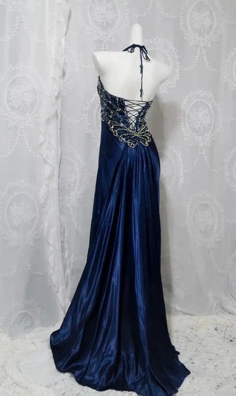 Luxury Navy Blue Beaded Slit Evening Dress Formal Prom Dress Y7723 by simplepromdress