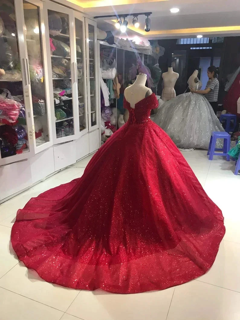 Luxurious Off Shoulder Red Glitter Beading Ball Gown Sweet 16 Dress Y1275 by simplepromdress