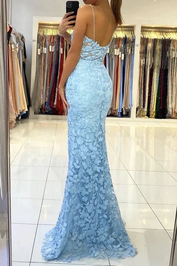 Mermaid V Neck Backless Blue Lace Long Prom Dress, Mermaid Blue Lace Formal Dress, Blue Lace Evening Dress Y1465 by simplepromdress