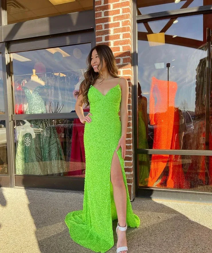 Mermaid Spaghetti Straps Sequins Long Evening Dress Side Split Y408 by simplepromdress