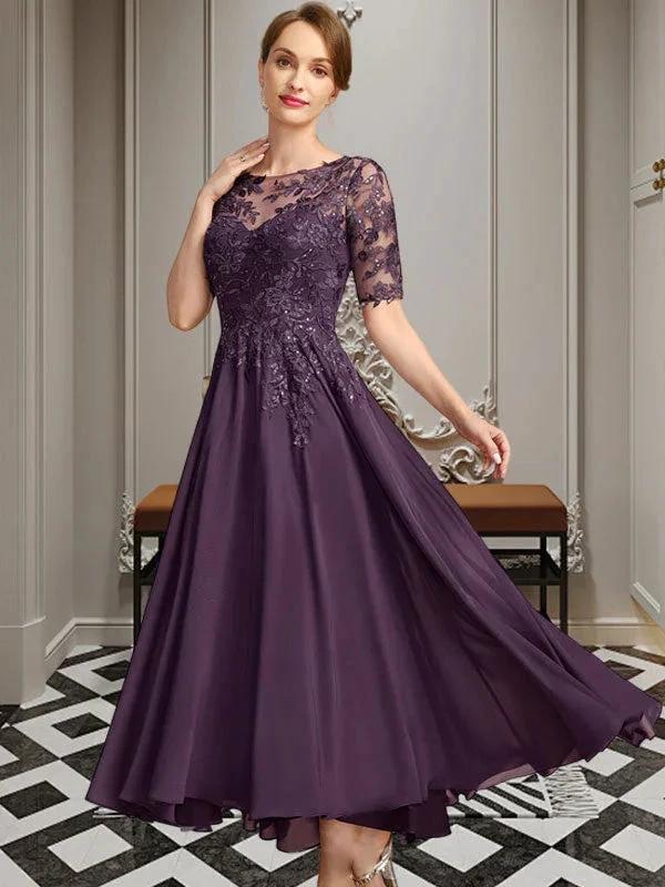 A-line Scoop Illusion Asymmetrical Chiffon Lace Mother of the Bride Dress With Sequins by Dreamylily