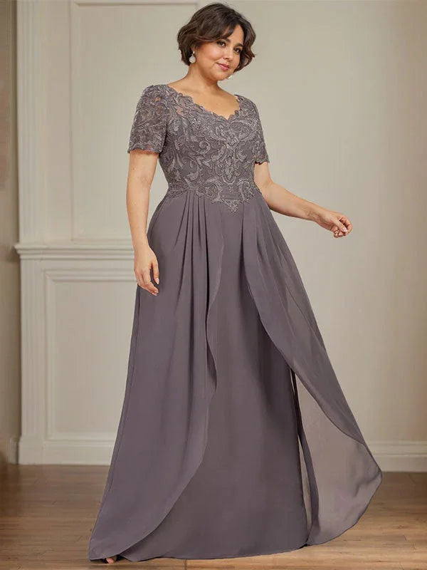 A-line V-Neck Floor-Length Chiffon Lace Mother of the Bride Dress by Dreamylily