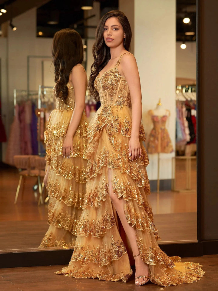 Gold Princess A Line Off the Shoulder Corset Prom Dress with Lace Ruffles by KissProm