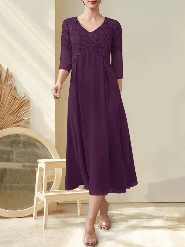 A-line V-Neck Tea-Length Chiffon Lace Mother of the Bride Dress With Beading by Dreamylily
