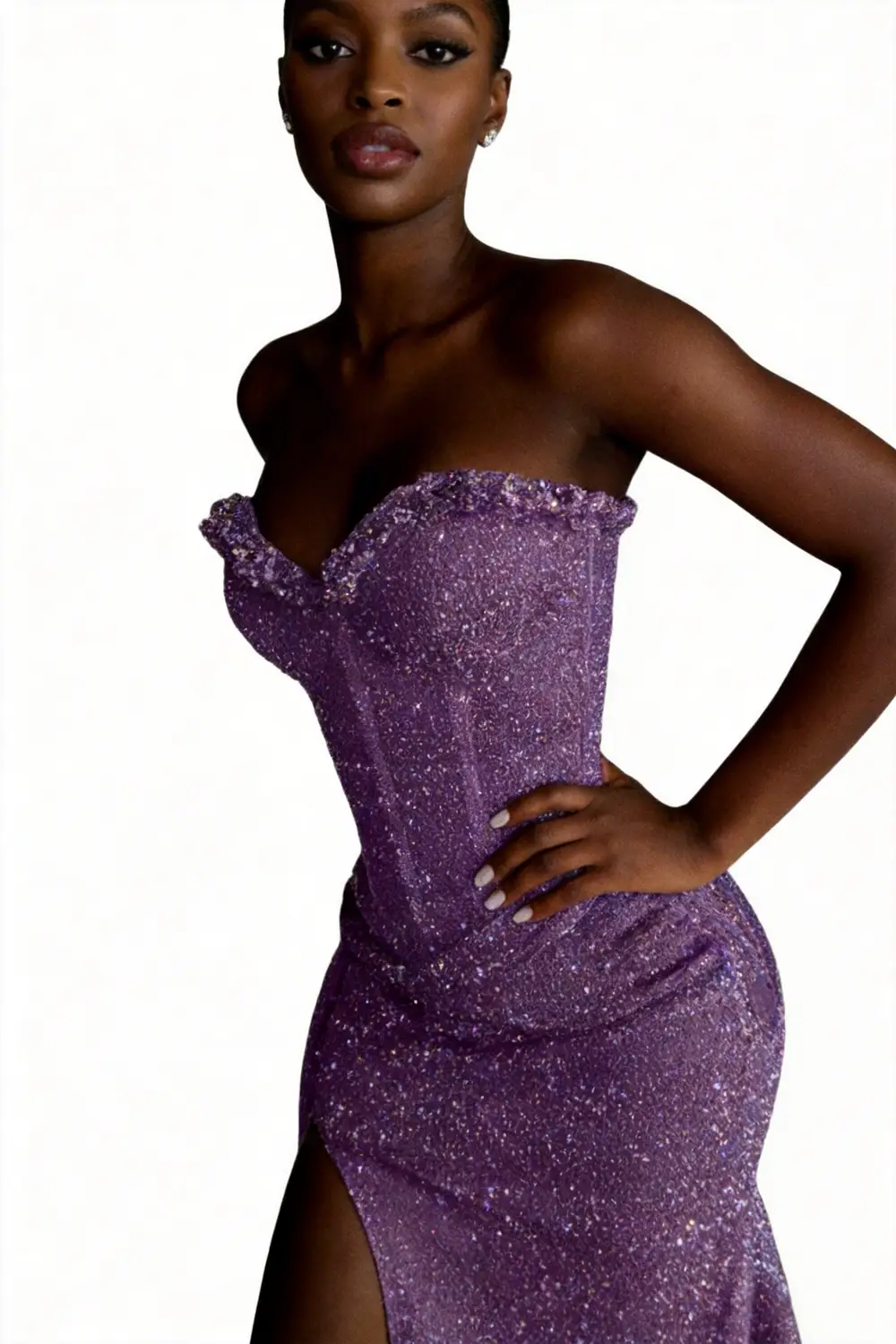 Lavender Sequin Strapless Sweetheart Mermaid Prom Dress with High Slit &amp; Train by tangjianjun