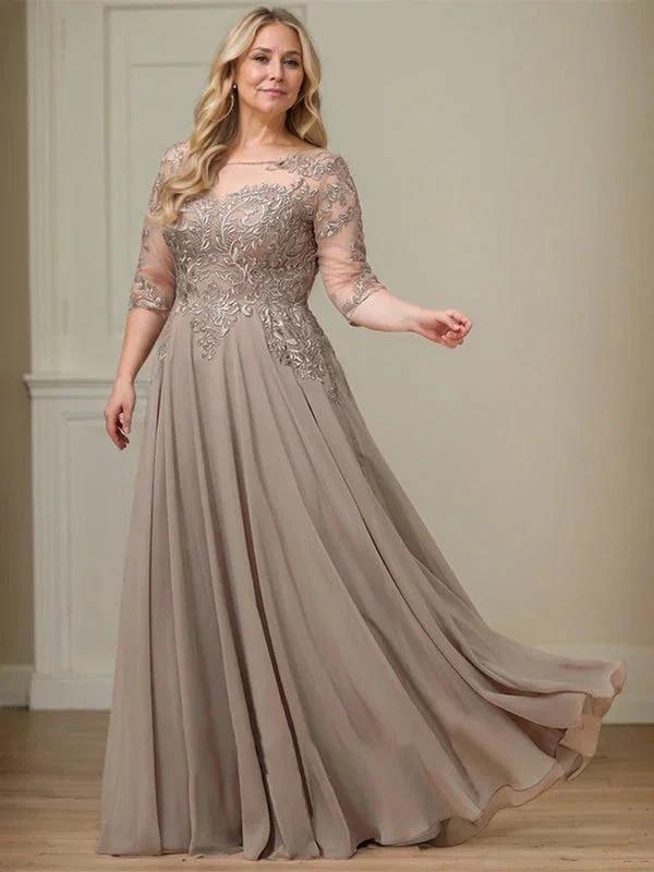 A-line Scoop Illusion Floor-Length Lace Chiffon Mother of the Bride Dress With Sequins by Dreamylily