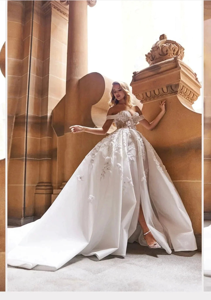 Long Ball Gown Off the Shoulder Sequined Applique Lace Wedding Dresses with Slit by BIZTUNNEL