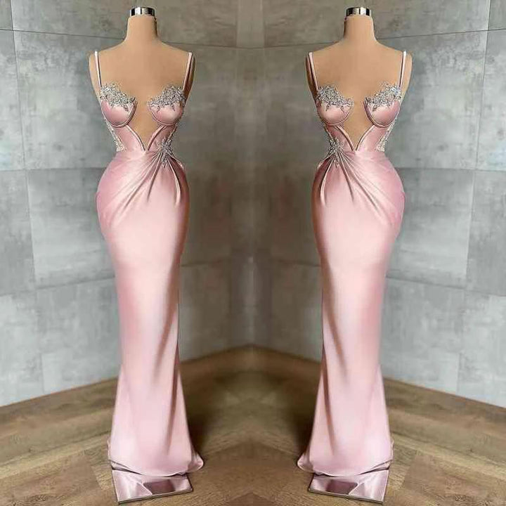 Long Mermaid Sweetheart Spaghetti Straps Satin Prom Dress with Beadings by BIZTUNNEL