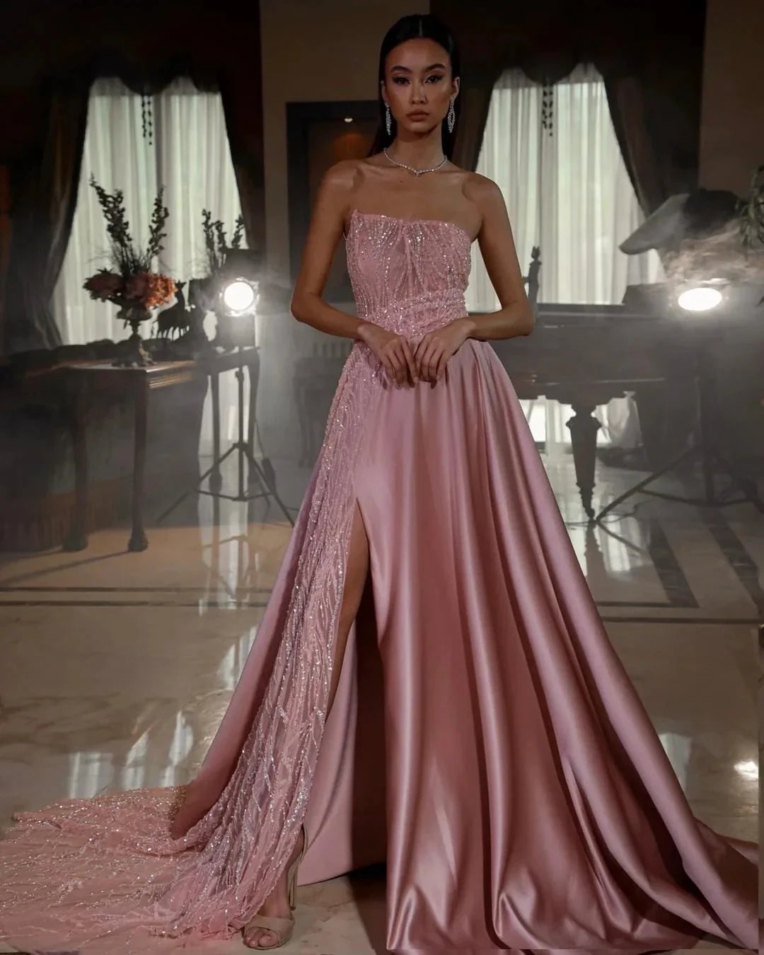 Long A-line Sequined Strapless Sleeveless Formal Prom Dress With Split