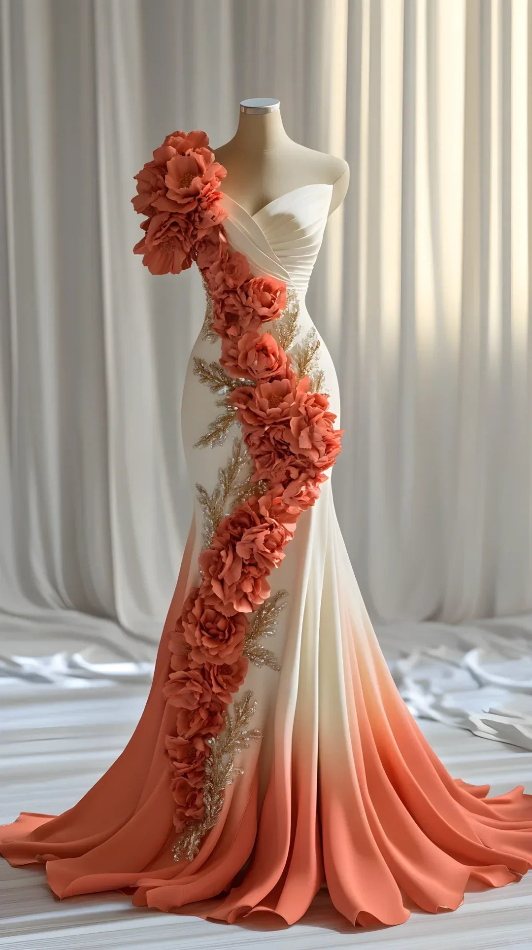 Vestido de Festa Longo Sereia em Chiffon com Aplicações de Peónias Elegantes Y8566