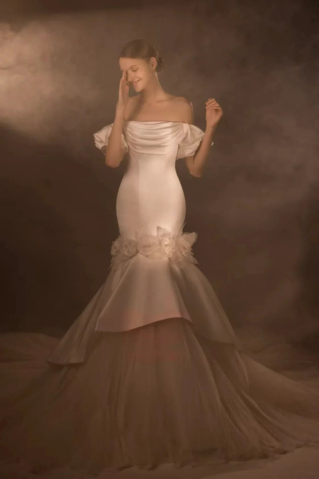 Gorgeous Long Mermaid Off-the-Shoulder Puff Sleeve Satin Wedding Dress with 3D Flower &amp; Lace-Up Back &amp; Tulle Train Q6012 by ZAPDRESS
