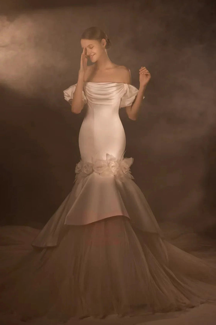 Gorgeous Long Mermaid Off-the-Shoulder Puff Sleeve Satin Wedding Dress with 3D Flower &amp; Lace-Up Back &amp; Tulle Train Q6012 by ZAPDRESS