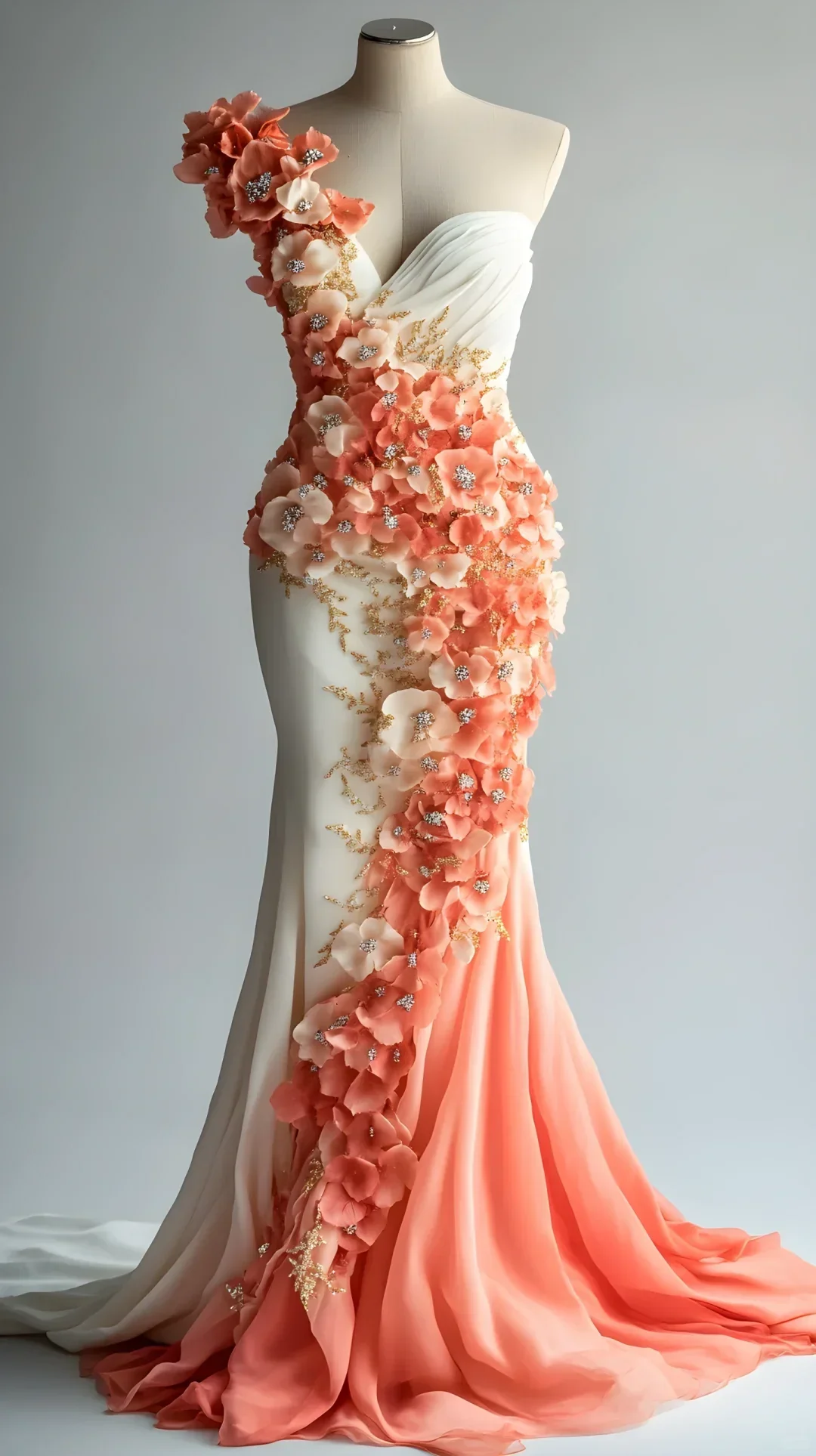 Vestido de Festa Longo Sereia em Chiffon com Aplicações de Peónias Elegantes Y8566
