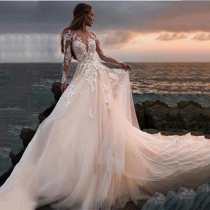 Lace Appliqued Bridal Gown For Women Illusion Long Sleeves Beach Wedding Dress Light Champagne Robe De Mariée Bride Dresses by payinti