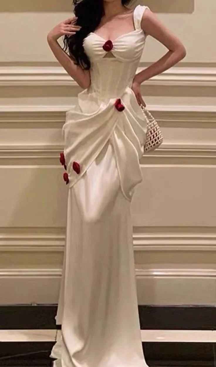 Elegant White Satin Flowers Evening Dress Long Prom Dress Wedding Dress Y7461 by simplepromdress