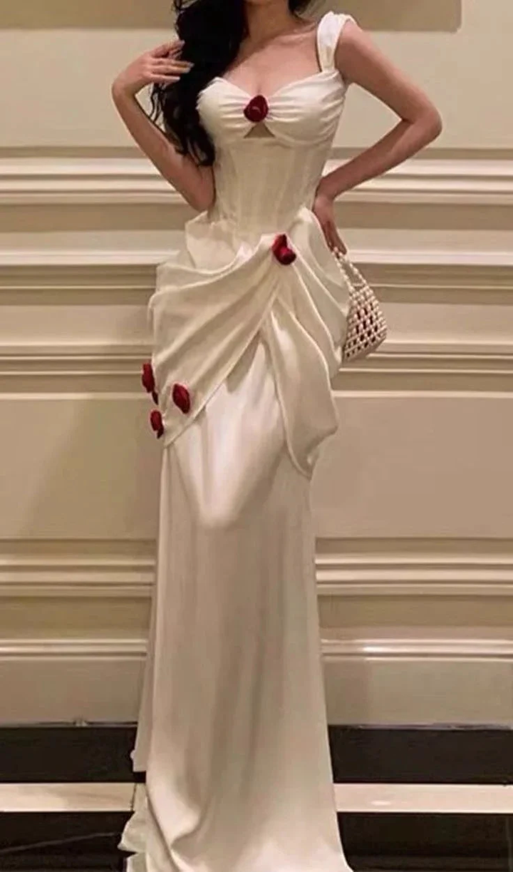 Elegant White Satin Flowers Evening Dress Long Prom Dress Wedding Dress Y7461 by simplepromdress