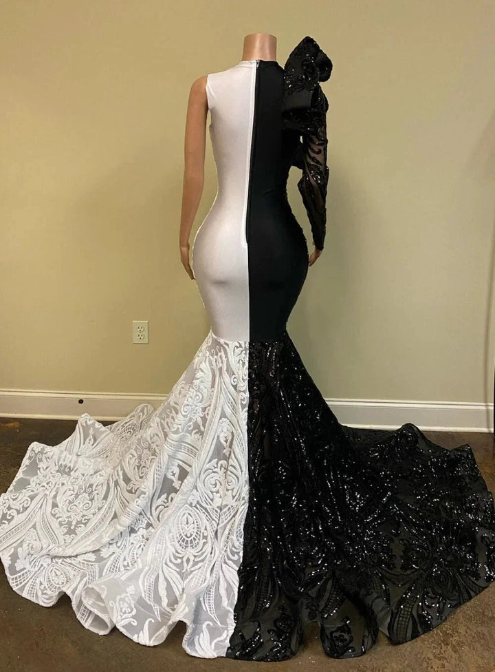 Long Sleeves Black and White Mermaid Lace Prom Dress by BIZTUNNEL