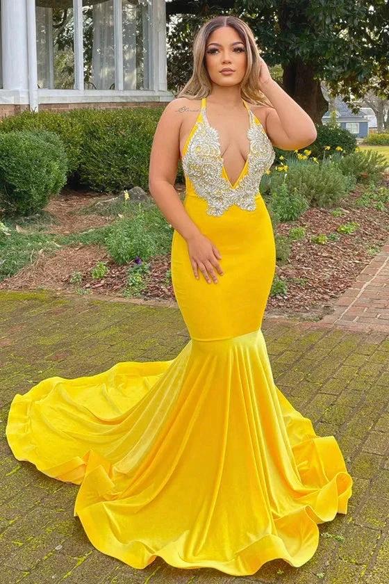 Long Mermaid V-neck Yellow Prom Dress With Applique by BIZTUNNEL