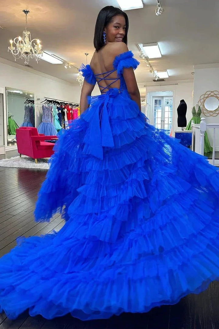 Adalynn | Royal Blue Off the Shoulder Ruffle Tiered Tulle Long Prom Dresses with Slit by KissProm