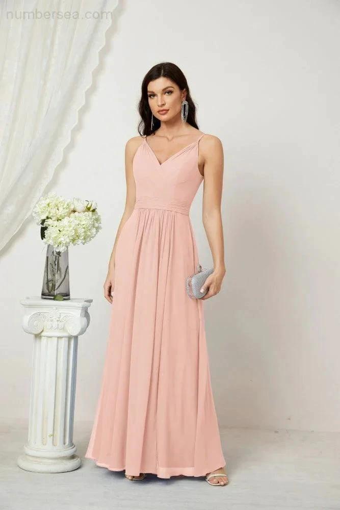 Numbersea Chiffon V-Neck Bridesmaid Dress Spaghetti Strap Long Formal Party Prom Gowns with Slit 28010 by numbersea