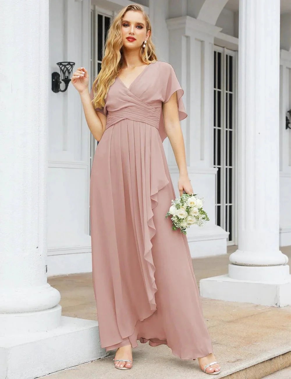 Numbersea Chiffon Bridesmaid Dresses Long Formal Evening Prom Mother of The Bride Dress with Flutter Sleeve SEA28040 by numbersea