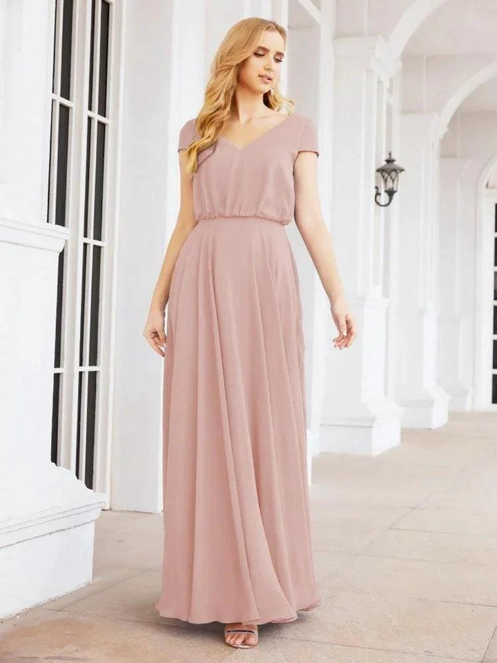 Numbersea V-Neck Bridesmaid Dresses Long Cap Sleeves Prom Evening Formal Gowns 28071 by numbersea