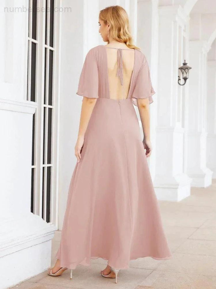 Numbersea V-Neck Bridesmaid Dress Chiffon Long Open Back Formal Dresses for Women Party Evening 28067 by numbersea